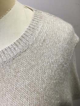THEORY, Ecru, Linen, Cashmere, Solid, Knit, Short Sleeves, Round Neck