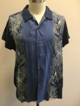 TOMMY BAHAMA, Blue, Navy Blue, Ecru, Silk, Leaves/Vines , Woven with Leaf Texture, Button Front, Short Sleeves, 1 Pocket, Collar Attached, Double,