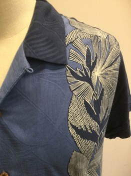 TOMMY BAHAMA, Blue, Navy Blue, Ecru, Silk, Leaves/Vines , Woven with Leaf Texture, Button Front, Short Sleeves, 1 Pocket, Collar Attached, Double,