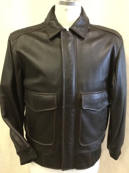 Mens, Leather Jacket, ROUNDTREE, Dk Brown, Leather, Solid, M, Dark Brown Texture, Collar Attached, Hidden Zip Front, & Snap Front, Brown Ribbed Knit Long Sleeves Cuffs & Hem, 2 Pockets with Flap, Elbow Patch Work Seams Detail