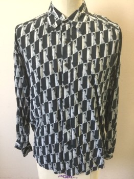 SEAN JOHN, Navy Blue, Lt Gray, Rayon, Polyester, Abstract , Dark Navy (Nearly Black) with Light Gray Abstract Shapes Pattern, Long Sleeve Button Front, Collar Attached, 1 Patch Pocket, 2000's