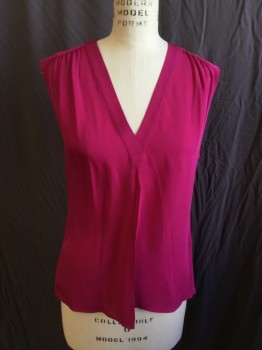 REBECCA TAYLOR, Fuchsia Pink, Polyester, Silk, Solid, V-neck with 1--- 1" Pleat Front Center,  Gathered @ Shoulder, Cut-off Short Sleeves, Gathered Upper Back, Pullover