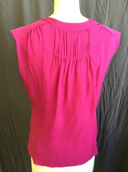 Womens, Blouse, REBECCA TAYLOR, Fuchsia Pink, Polyester, Silk, Solid, 2, V-neck with 1--- 1" Pleat Front Center,  Gathered @ Shoulder, Cut-off Short Sleeves, Gathered Upper Back, Pullover