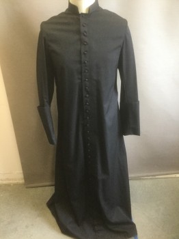 Unisex, Cassock, CHURCH STORES, Black, Wool, Solid, 42, Button Front with Faille Fabric Covered Buttons, Long Sleeves with Long Cuffs, Stand Collar, Holes at Side Seams to Reach Pockets, Floor Length