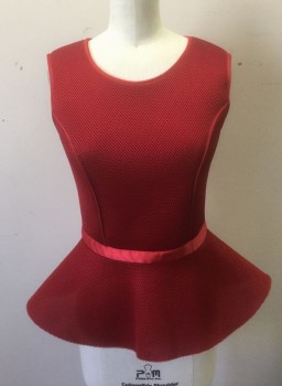 MAJE, Red, Polyester, Solid, Thick Neoprene Mesh, Sleeveless, Peplum Waist, Scoop Neck, Princess Seams, 1" Wide Satin Waistband, Invisible Zipper at Center Back