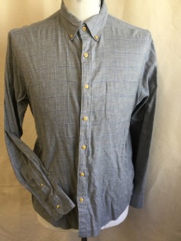 J CREW, Heather Gray, Royal Blue, White, Cotton, Plaid-  Windowpane, Collar Attached, Button Down, 1 Pocket, Long Sleeves,