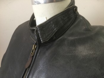 Mens, Leather Jacket, CIVILIAN PILOT TRAIN, Black, Leather, Solid, M, Zip Front, 2 Zipper Pockets Band Collar with Snap Flap, Zippers at Sleeve Cuffs, 2 Side Straps, Quilted Lining
