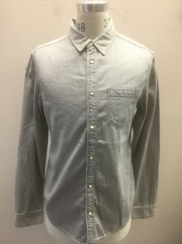 ALL SAINTS, Gray, Cotton, Solid, Thick Denim Like Material, Long Sleeves, Snap Front with White Snaps, Collar Attached, 2 Patch Pocket,  Lightly Distressed