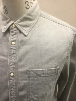 ALL SAINTS, Gray, Cotton, Solid, Thick Denim Like Material, Long Sleeves, Snap Front with White Snaps, Collar Attached, 2 Patch Pocket,  Lightly Distressed