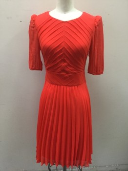 Womens, Cocktail Dress, KAREN MILLEN, Red, Silk, Solid, 2, Silk Chiffon, Puffy Short Sleeves, Round Neck,  1/4" Wide Pleats in Chevron Pattern at Bust/Torso, Vertical at Sleeves, Chemically Set Pleats on Skirt, Knee Length