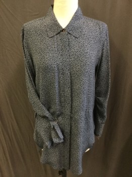 Womens, Blouse, HALSTON, Navy Blue, Lt Gray, Polyester, Dots, 0, Navy with Light Gray Specs, Collar Attached, Hidden Button Front, Gathered Under Long Sleeves, High Oval Side Split