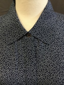 Womens, Blouse, HALSTON, Navy Blue, Lt Gray, Polyester, Dots, 0, Navy with Light Gray Specs, Collar Attached, Hidden Button Front, Gathered Under Long Sleeves, High Oval Side Split