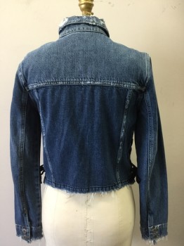 Womens, Jean Jacket, PAIGE, Blue, Cotton, Viscose, Solid, S, Button Front, Collar Attached, Long Sleeves, Aged, 2 Pockets, Navy Velvet Ribbon Lace Up Side Seams, Raw Hem at Cuff/Waistband