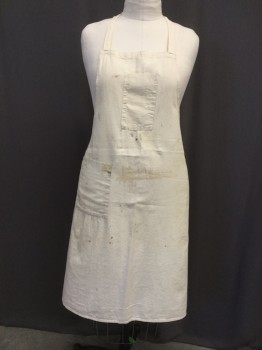 N/L, Off White, Cotton, Solid, Twill, Spaghetti Strap Back Waist Tie, Attached Neck Strap, 2 Pockets, Aged