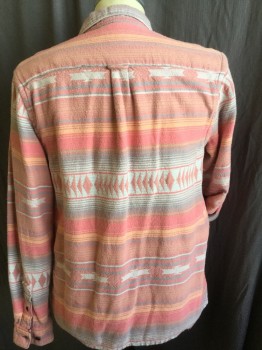 URBAN OUTFITTERS , Salmon Pink, Khaki Brown, Cream, Gray, Lt Orange, Cotton, Native American/Southwestern , Collar Attached, Button Front, 2 Pockets with Flap, Long Sleeves,
