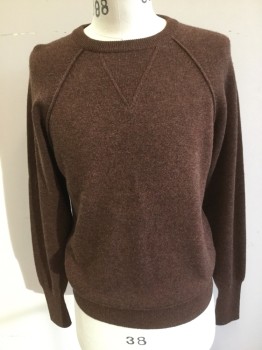 CARROL & CO, Brown, Wool, Solid, Heathered Brown with Orange and Olive Micro Weave, Crew Neck,
