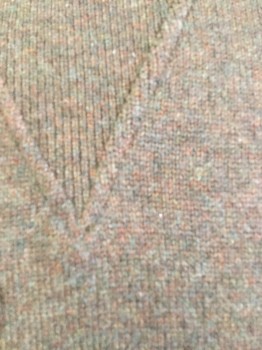 Mens, Pullover Sweater, CARROL & CO, Brown, Wool, Solid, M, Heathered Brown with Orange and Olive Micro Weave, Crew Neck,