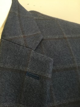 TOMMY HILFIGER, Navy Blue, Black, Gray, Polyester, Rayon, Plaid - Tattersall, Navy with Gray and Black Tattersall Pattern, Single Breasted, Notched Lapel, 2 Buttons