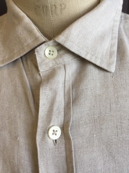 BLOOMINGDALE'S, Tan Brown, Off White, Linen, Heathered, Collar Attached, Button Front, Long Sleeves,