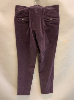 Mens, Casual Pants, BROOKS BROTHERS, Plum Purple, Cotton, 32/31, Corduroy, Slant Pockets, Zip Front, Flat Front