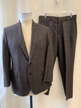 NL, Dk Brown, Forest Green, Wool, Plaid-  Windowpane, Notched Lapel, Single Breasted, Button Front, 2 Buttons, 3 Pockets+++