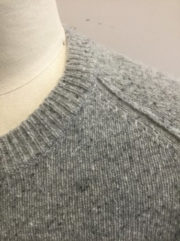 Mens, Pullover Sweater, SHIPLEY & HALMOS, Gray, Dk Gray, Lt Gray, Wool, Speckled, L, Gray with Shades of Gray Specked Wool, Long Sleeves, Round Neck,  Raglan Sleeves