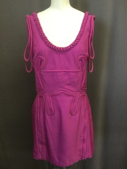 Womens, Cocktail Dress, MULBERRY, Magenta Pink, Acetate, Silk, Solid, W:30, B:34, Tank Style, Scoop Neck and Black, Appliqued Rope Detail Throughout, Gold  Back Zipper, Above Knee