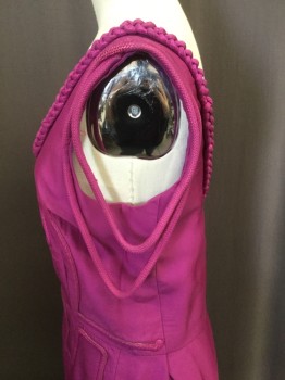 Womens, Cocktail Dress, MULBERRY, Magenta Pink, Acetate, Silk, Solid, W:30, B:34, Tank Style, Scoop Neck and Black, Appliqued Rope Detail Throughout, Gold  Back Zipper, Above Knee
