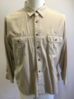 LUCKY BRAND, Almond, Cotton, Solid, Long Sleeves, Button Front, Collar Attached, 2 Pockets with Flaps, Twill Weave,