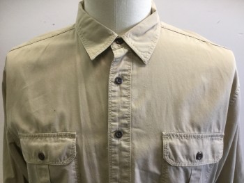 LUCKY BRAND, Almond, Cotton, Solid, Long Sleeves, Button Front, Collar Attached, 2 Pockets with Flaps, Twill Weave,