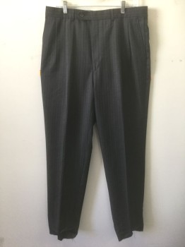 MICHAEL RYAN MEN, Charcoal Gray, Brown, White, Wool, Stripes - Pin, 2 Color Weave, Charcoal with White Dotted Weave, Brown Pinstripes, Double Pleated, Button Tab Waist, Zip Fly, 4 Pockets, Straight Leg