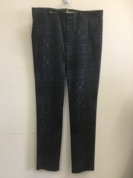 Mens, Casual Pants, ETRO, Blue, Black, Green, Gray, Cotton, Synthetic, Novelty Pattern, 34/34, Flat Front, Belt Loops, Diagonal Side Pockets, Straight Leg