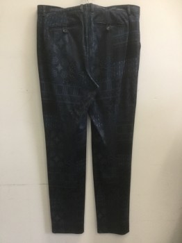 Mens, Casual Pants, ETRO, Blue, Black, Green, Gray, Cotton, Synthetic, Novelty Pattern, 34/34, Flat Front, Belt Loops, Diagonal Side Pockets, Straight Leg