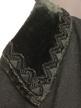 N/L, Black, Wool, Silk, Solid, V-neck, Velvet Collar Attached with Zigzag Trim Detail, Button Front, L/S with Pintucking Detail,