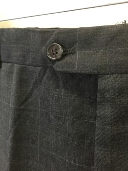 JOSEPH ABBOUD, Charcoal Gray, Lt Gray, Wool, Polyester, Plaid-  Windowpane, Charcoal with Thin Light Gray Windowpane Lines, Double Pleated, Button Tab Waist, Zip Fly, 4 Pockets, 1980's-1990's
