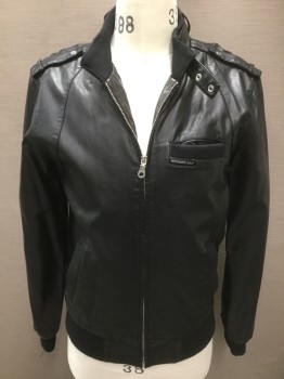 Mens, Leather Jacket, MEMBERS ONLY, Black, Polyurethane, Solid, Small, Zip Front, Epaulets, Rib Knit Collar/Cuffs/Waistband