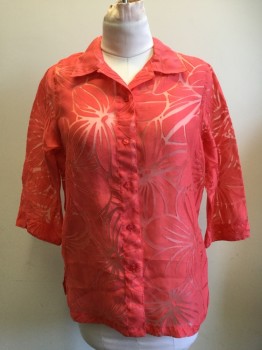 ALLISON DALEY, Coral Orange, Rayon, Polyester, Solid, Floral, Laser Floral Burnout, Button Front, Collar Attached, Short Sleeves,