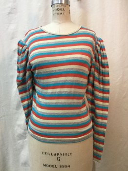 Womens, Top, NO LABEL, Heather Gray, Aqua Blue, Red-Orange, Lt Yellow, Cotton, Synthetic, Stripes, M, Heather Gray/ Aqua/ Red Orange/ Lt Yellow Stripes, Round Neck,  Long Sleeves, Gathered Shoulders