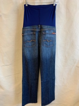 Womens, Maternity, A PEA IN THE POD, Blue, Navy Blue, Cotton, Spandex, Solid, 28, Maternity, Navy Extended High Waist, Faded Blue Denim, Zip Front, 5 Pockets, Creased Lines & Washed Out Front