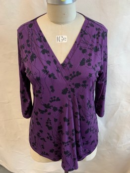 LANE BRYANT, Plum Purple, Black, Polyester, Spandex, Floral, Pleated V-neck, 3/4 Sleeves, Flare Bottom