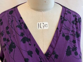 LANE BRYANT, Plum Purple, Black, Polyester, Spandex, Floral, Pleated V-neck, 3/4 Sleeves, Flare Bottom