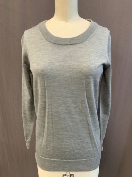 J. CREW, Lt Gray, Wool, Heathered, Scoop Neck, Ribbed Knit Neck/Cuff/Waistband, Long Sleeves
