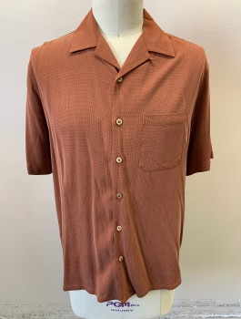 SANDALS CAY, Burnt Orange, Silk, Solid, Waffle/Grid Texture, Short Sleeve Button Front, Collar Attached, 1 Patch Pocket, Earthy Faux Wood Buttons, Oversized Fit