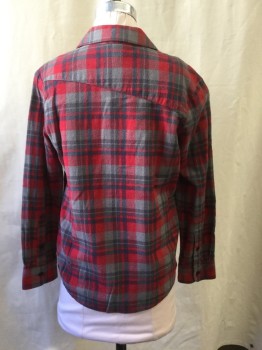 VOLCOM, Red, Gray, Cotton, Acrylic, Plaid, Button Front, Collar Attached, Long Sleeves, Patch Chest Pocket, Slanted Yoke on Back