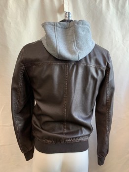 Mens, Leather Jacket, ZARA MAN, Dk Brown, Gray, Polyurethane, Viscose, Solid, S, Zip Front, Bomber, Ribbed Knit Bomber Collar/Waistband/Cuff, 2 Zip Pockets, Zip Out Faux Drawstring Hoodie