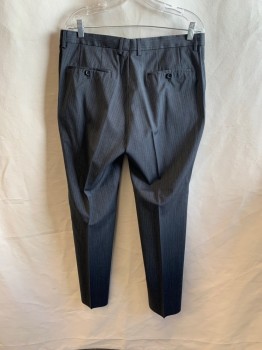 HUGO BOSS, Dk Gray, Black, White, Wool, Stripes - Vertical , Side Pockets, Zip Front, Pleat Front, 2 Back Pockets