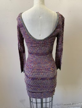 Womens, Dress, Long & 3/4 Sleeve, FREE PEOPLE, Purple, Ecru, Multi-color, Rayon, Cotton, Stripes - Horizontal , Speckled, XS, Knit, Plunging Scoop Neck with 6 Button Placket, Clingy/Fitted, Knee Length **Shoulders Warped By Hanger