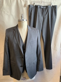 Mens, Suit, Jacket, HUGO BOSS, Gray, Brown, Cream, Wool, Stripes - Pin, 44R, Gray with Brown/Cream Pinstripes, Single Breasted, Collar Attached, Notched Lapel, Hand Picked Collar/Lapel, 2 Buttons,  3 Pockets