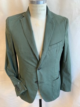 OFFICINE GENERALE, Olive Green, Cotton, Solid, Hand Stitches on Front Placket Trim & Notched Lapel Trim and Vertical Center Back,  Single Breasted, 2 Button Front, 3 Pockets, Long Sleeves, 2 Split Back Hem