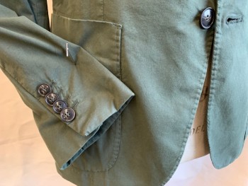 OFFICINE GENERALE, Olive Green, Cotton, Solid, Hand Stitches on Front Placket Trim & Notched Lapel Trim and Vertical Center Back,  Single Breasted, 2 Button Front, 3 Pockets, Long Sleeves, 2 Split Back Hem